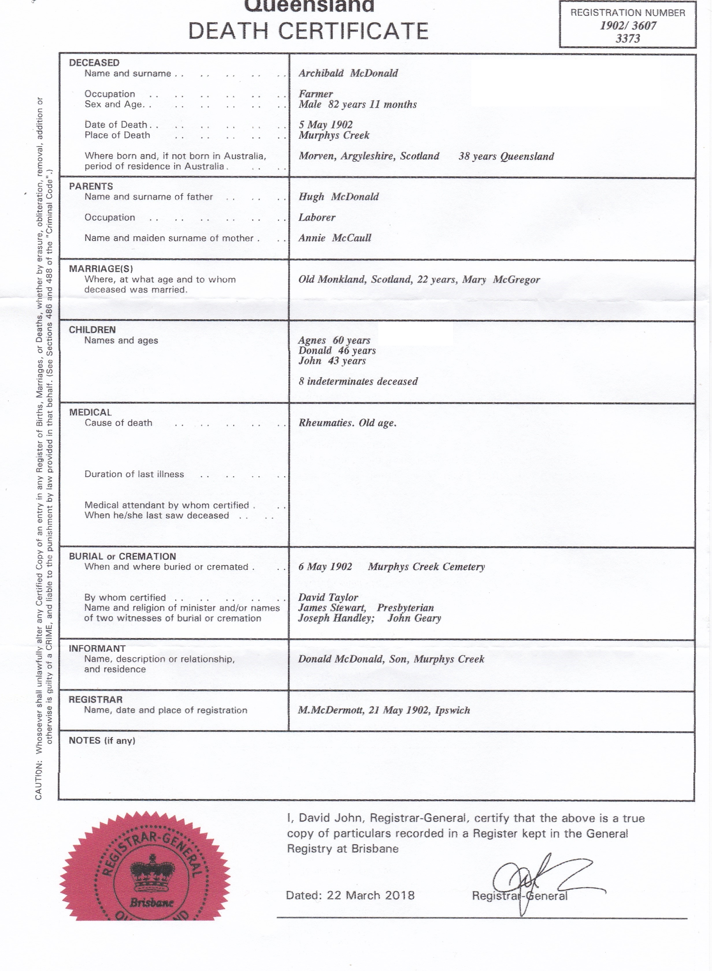 Archibald Mcdonald death certificate, Linked To: <a href='i663.html' >Archibald McDonald</a>